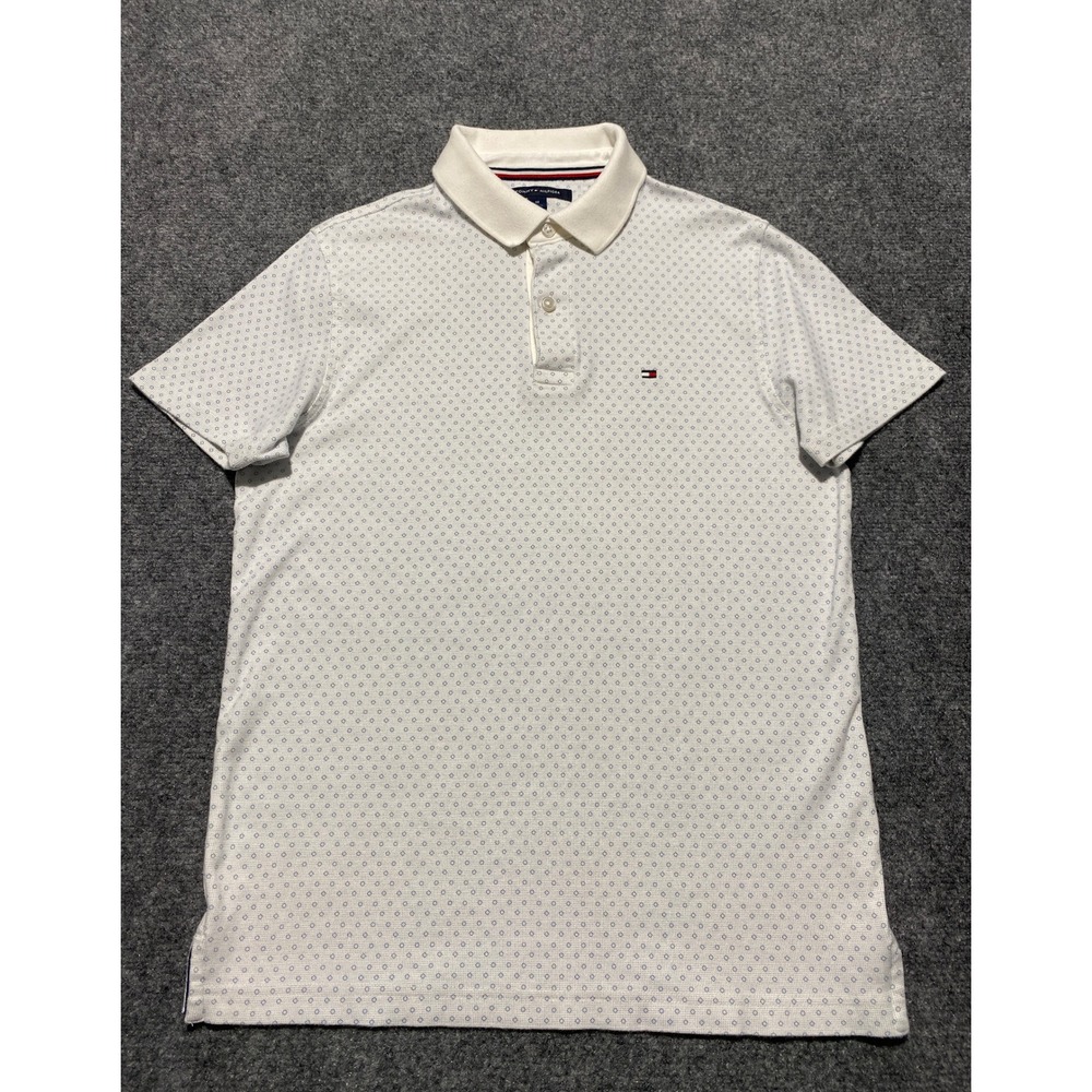 Tommy Hilfiger Mens Polo Shirt White Geometric Micro Print Slim Fit Medium